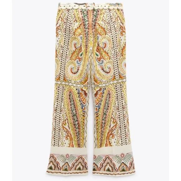 Zara Linen Blend Paisley Printed Cream and Earthtone Flare Leg Pants • Size XS - Picture 1 of 5